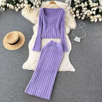 Осень и зима, новый мягкий клейкий свитер «Нежный ветер», короткая универсальная юбка средней длины с высокой талией, женский костюм из двух предметов One Size бежевый