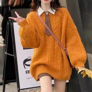 Осень и зима новый мягкий восковой ленивый ветер скручивающийся круглый вырез рукава-фонарика свитер женский свободный и тонкий универсальный вязаный свитер верхняя одежда One size оранжевый