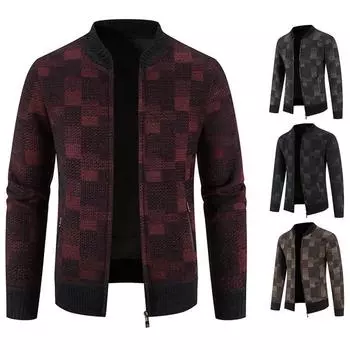 Осень и зима новый мужской флисовый вязаный кардиган модная куртка с бейсбольным воротником мужская повседневная клетчатая куртка-свитер M