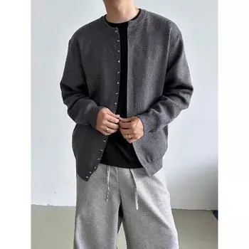 Осень и зима новый мужской кардиган свитер американский ретро повседневный свободный стиль круглый вырез свитер мужской однотонный цвет пальто M светло-серый