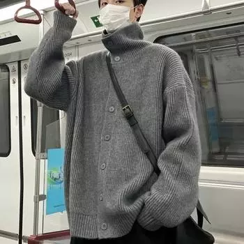 Осень и зима новый мужской свободный повседневный свитер с высоким воротником куртка M серый