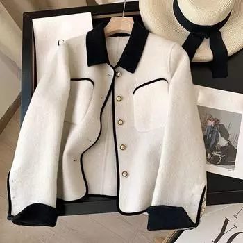 Осень и зима новый небольшой аромат имитация кашемира короткий маленький золотой пряжка французский темперамент маленькая куртка женская S серый