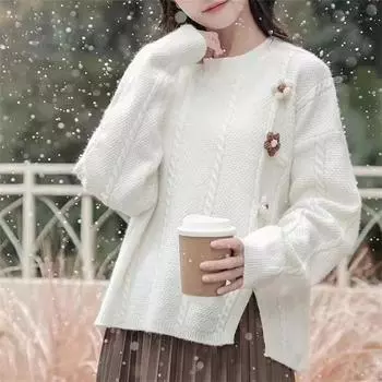 Осень и зима новый нежный ветер вязаный свитер дизайн чувство цветок разрез вилка свободный универсальный круглый вырез свитер длинный рукав свитер женский One size бежевый