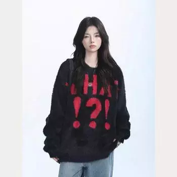 Осень и зима Новый нишевый ленивый стиль Мягкий клейкий свитер Ретро свободный повседневный пуловер Вязаный свитер Главный тренд M чёрный