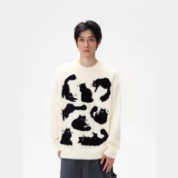 Осень и зима Новый нишевый ленивый стиль Мягкий клейкий свитер Ретро свободный повседневный пуловер Вязаный свитер Главный тренд M чёрный