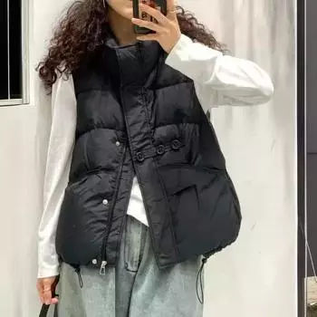 Осень и зима новый низ на пуговицах шнурок европейские товары воротник стойка три пуговицы термокуртка жилет женский короткий прилив S чёрный