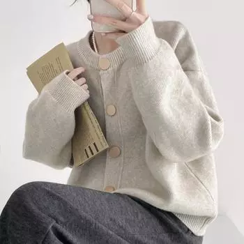 Осень и зима Новый однобортный цветной вязаный свитер с высоким чувством, пальто, кардиган, свободный топ с круглым вырезом ONE SIZE