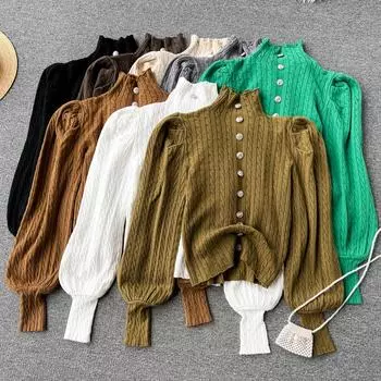 Осень и зима, новый однобортный однобортный корейский узор с высоким воротником и объемным рукавом внутри вязаного свитера