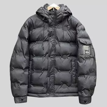 Осень и зима, новый однотонный мужской пуховик с принтом, мужская повседневная универсальная модная толстая мужская куртка с капюшоном M чёрный