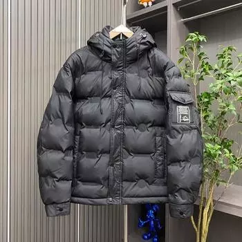 Осень и зима, новый однотонный мужской пуховик с принтом, мужская повседневная универсальная модная толстая мужская куртка с капюшоном L чёрный