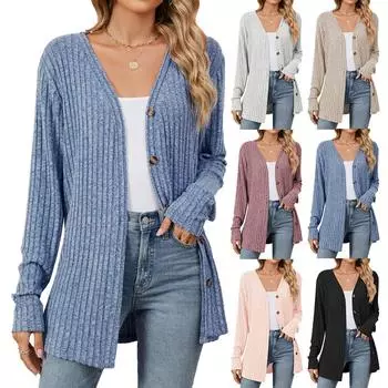 Осень и зима Новый однотонный повседневный кардиган с длинными рукавами и пуговицами Длинный кардиган Женские топы Свитер Kawaii S