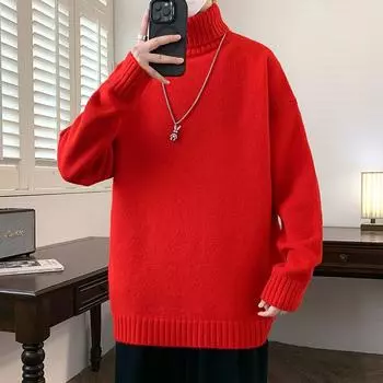 Осень и Зима Новый Однотонный Свитер с Воротником-Гольф Повседневный Вязаный Свитер Базовая Футболка Японский Свободный Свитер M красный