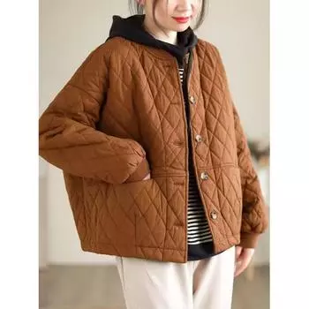 Осень и зима новый однотонный свободный большой размер чистый хлопок бейсбольный воротник ромбовидный прессованный хлопковый одежда простая ретро хлопковая одежда для женщин M зелёный