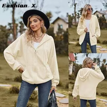 Осень и зима, новый однотонный свободный свитер с капюшоном и карманами с длинными рукавами, женская куртка S чёрный