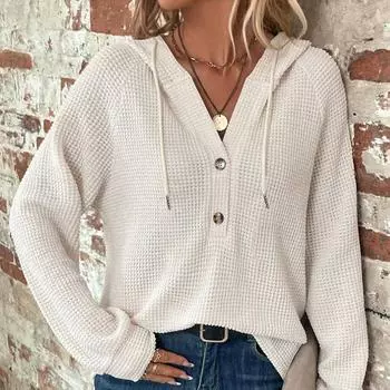 Осень и зима Новый однотонный свободный свитер с капюшоном и длинными рукавами для женщин S белый