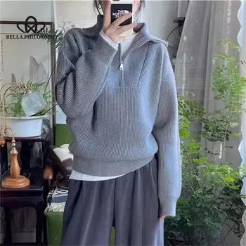 Осень и зима новый однотонный топ с лацканами на половину молнии простой темперамент повседневный пуловер свитер женская одежда one size серый