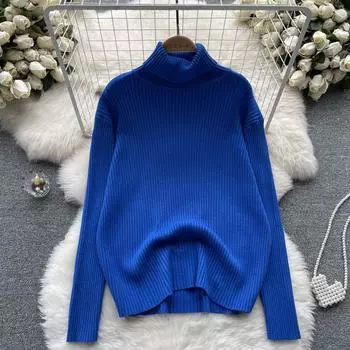Осень и зима, новый однотонный утепленный свободный комплект с высоким воротником и длинными рукавами, вязаный свитер