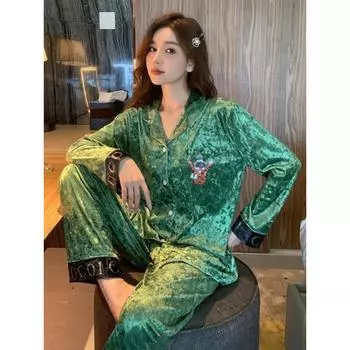 Осень и зима новый пижамный женский комплект корейский бархатный волос брюки домашняя одежда V-образный вырез M зелёный