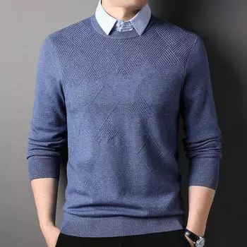 Осень и зима, новый поддельный свитер из двух частей, мужская однотонная футболка с длинными рукавами, мужская одежда среднего возраста, деловая повседневная одежда для пап 105