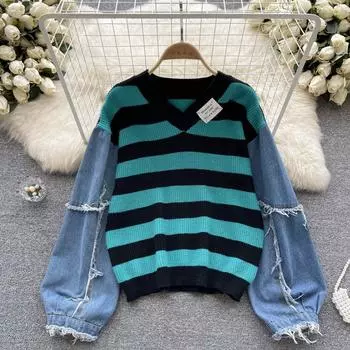 Осень и зима новый полосатый дизайн Sense Нишевый джинсовый вязаный свитер для пожилых людей Sense of Lazy Wind с v-образным вырезом