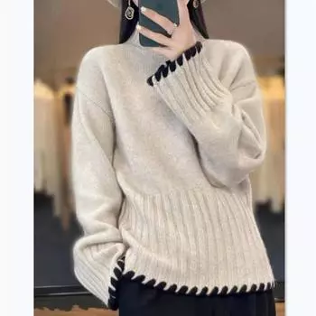 Осень и зима новый полуводолазка женский свитер в иностранном стиле полосатый свитер свободный вязаный универсальный низ рубашка верхнее пальто one size fits all абрикосовый