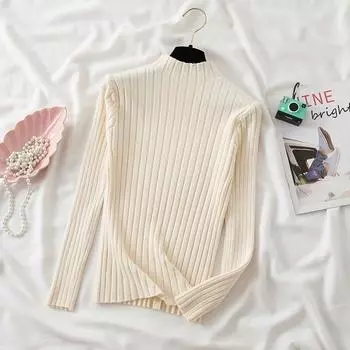 Осень и зима Новый полувысокий воротник базовый вязаный свитер для женщин мода длинный рукав облегающий свитер свитера женские однотонные повседневные джемперы 25476 One Size хаки