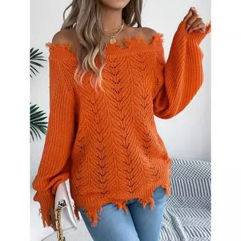 Осень и зима новый повседневный алый вырез однотонный один ворот с открытыми плечами длинный рукав свитер для женщин S чёрный