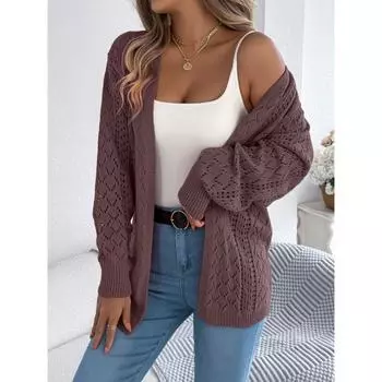 Осень и зима новый повседневный ажурный длинный рукав свитер кардиган куртка для женщин S оранжевый