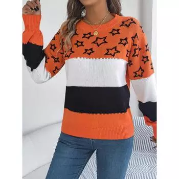Осень и зима новый повседневный цветной блок звезда полые рукава фонарь длинный рукав пуловер свитер для женщин S хаки