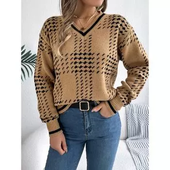 Осень и зима новый повседневный контрастный цвет клетчатый V-образный вырез с длинными рукавами свитер для женщин S хаки