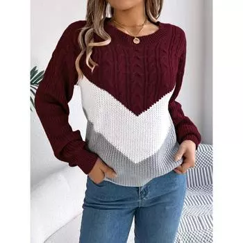 Осень и зима новый повседневный контрастный полосатый круглый вырез с длинными рукавами пуловер свитер для женщин S хаки