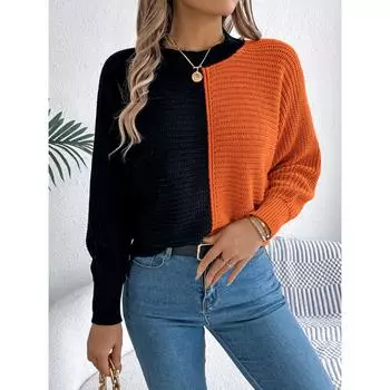 Осень и зима новый повседневный круглый вырез контрастный длинный рукав пуловер свитер для женщин S оранжевый