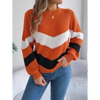 Осень и зима новый повседневный круглый вырез полосатый цвет блок сращивание длинный рукав пуловер свитер для женщин S серый