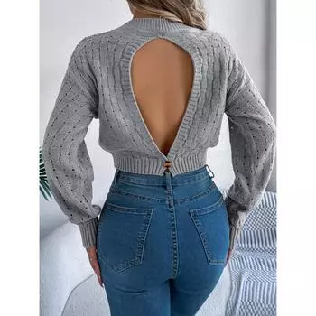 Осень и зима новый повседневный круглый вырез спинки однотонный пуловер с длинными рукавами свитер для женщин S серый