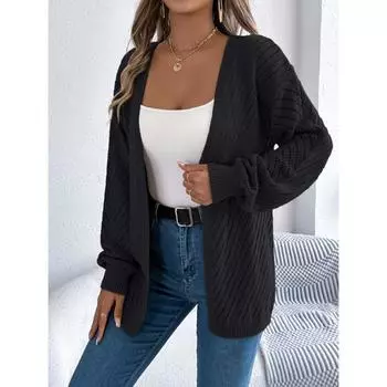 Осень и зима новый повседневный однотонный ажурный длинный рукав кардиган свитер куртка для женщин S чёрный