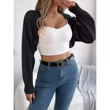 Осень и зима новый повседневный однотонный свитер с длинными рукавами и полыми рукавами-фонариками для женщин S хаки