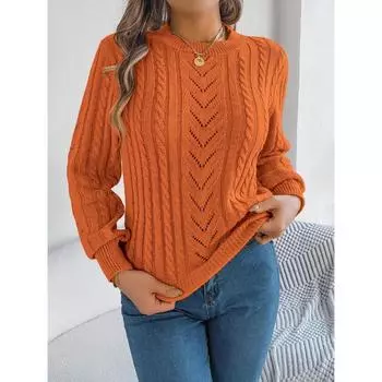 Осень и зима новый повседневный однотонный свитер с длинными рукавами и круглым вырезом с ажурными рукавами-фонариками S оранжевый