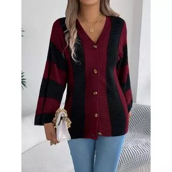 Осень и зима новый повседневный полосатый контрастный однобортный длинный рукав свитер кардиган куртка для женщин S винный