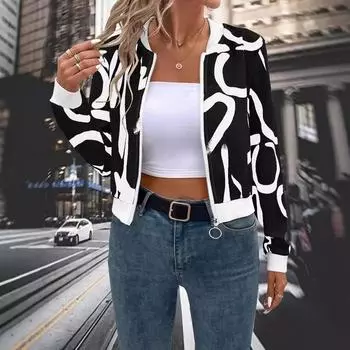 Осень и зима новый повседневный принтованный кардиган на молнии женский топ S абрикосовый