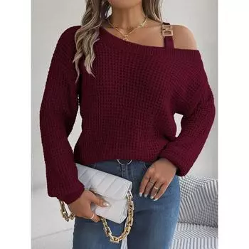 Осень и зима новый повседневный свитер с открытыми плечами и металлической пряжкой на плечевом ремне с длинными рукавами для женщин S зелёный