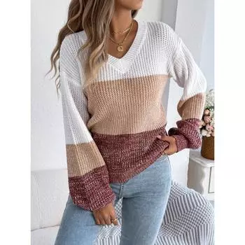 Осень и зима новый повседневный V-образный вырез полосатый контрастный длинный рукав пуловер свитер для женщин S винный