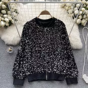 Осень и зима, новый прочный дизайн, расшитый пайетками, на молнии, свободный и универсальный шикарный нишевый кардиган-свитер One Size чёрный