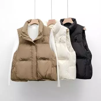 Осень и зима новый простой пуховик женский жилет короткий стоячий воротник жилет верхняя одежда жилет куртка S хаки
