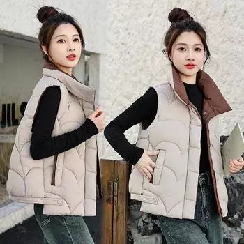 Осень и зима новый пуховик куртка женская новая тонкая и легкая короткая жилетка из хлопка подобранная по цвету теплая жилетка хлопковая жилетка L чёрный
