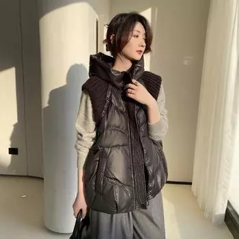 Осень и зима новый пуховик с капюшоном жилет женский корейский вариант верхняя одежда трикотажная сращивание европейский белый утиный пуховик прилив M белый