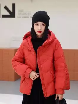 Осень и зима новый пуховик женский короткий белый утиный пух корейская версия свободный капюшон кокон маленькая куртка прилив S красный
