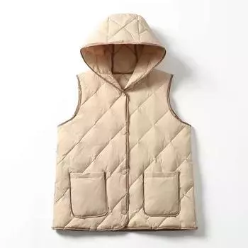 Осень и зима новый пуховик женский жилет с капюшоном контрастного цвета большой карман ромб теплый жилет верхняя одежда жилет прилив M хаки
