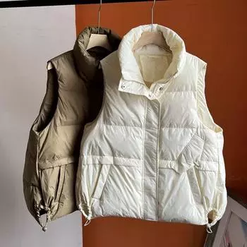 Осень и зима новый пуховик жилет v короткий белый утиный пух воротник стойка свободная теплая верхняя одежда жилет куртка прилив S темно-коричневого