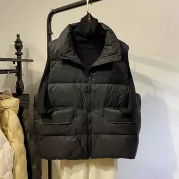 Осень и зима новый пуховик жилет женский короткий жилет жилет жилет жилет жилет жилет молния воротник-стойка легкий пуховик свободный прилив S чёрный