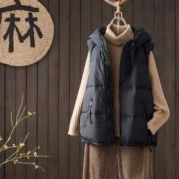 Осень и зима новый пуховик жилет женский короткий модный с капюшоном белый утиный пух жилет жилет жилет легкая куртка прилив One Size чёрный